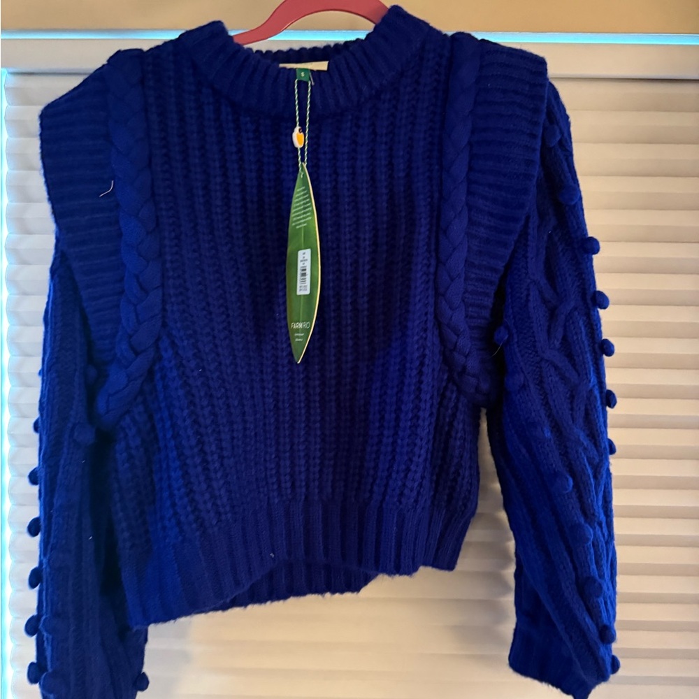 FARM Rio Blue Crew Neck Sweater with Textured Knit